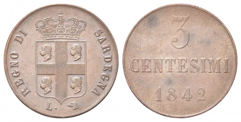 REGNO DI SARDEGNA
Carlo Alberto, 1831-1849.
3 Centesimi 1842 Torino.
Cu
Dr. ...