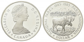 CANADA
Elisabetta II, dal 1952.
Dollaro 1985.
Ag gr. 23,24
Dr. Busto coronato a d. 
Rv. Alce canadese; sullo sfondo, montagne.
KM#143.
PROOF
1...