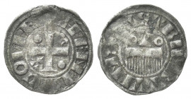 FRANCIA
Enrico I, 1152-1180.
Denaro provisino.
Mi gr.1 ,23
Dr. HENR COMES. Croce patente.
Rv. TRECAS CIVITAS. Pettine.
Poey d'Avant 5972.
BB