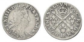 FRANCIA
Luigi XIV di Borbone, 1643-1715.
10 Soldi 1704.
Ag gr. 1,55
Dr. L XIIII D G - FR ET NA REX. Busto del re a d.
Rv. FAC REGEM DOMINE SALVVM...