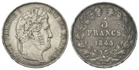FRANCIA
Luigi Filippo I, 1830-1848.
5 Franchi 1845, W Lille.
Ag gr. 24,90
Dr. Testa laureata a d.
Rv. Valore e data entro corona d’alloro.
KM#74...