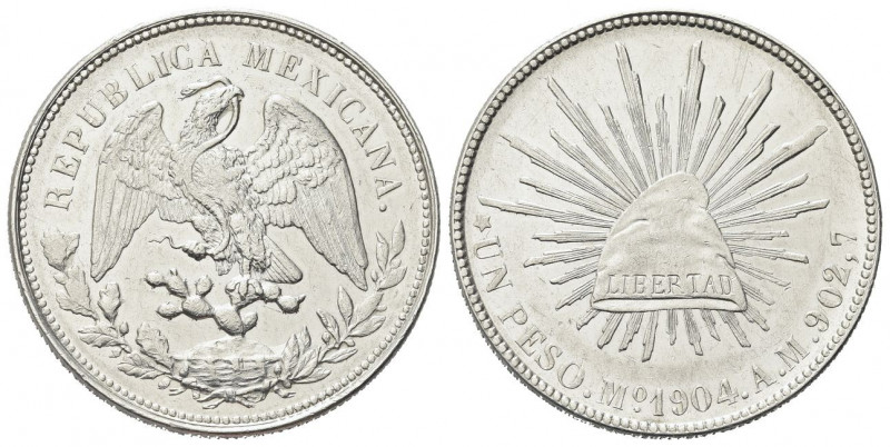 MESSICO
Repubblica, dal 1821.
Peso 1904 MO A M, Città del Messico.
Ag gr. 27,...