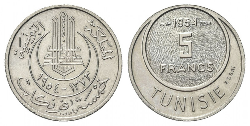 TUNISIA
 Muhammad VIII Al-Amin, 1943-1957.
5 Francs 1954 (essai).
Ni. gr. 2,2...