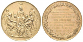AUSTRIA
Francesco Giuseppe I d’Asburgo Lorena, 1848-1916.
Medaglia 1888 opus S. Schwartz.
Æ dorato gr. 81,49 mm 64,2
Dr. Francesco Giuseppe seduto...