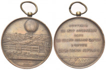 FRANCIA
III Repubblica, 1871-1940.
Medaglia 1878 opus T. Trotin
Æ gr. 64,28 mm 51
Dr. L’aerostato di M. Giffard sopra les Tuileries; sulla linea d...