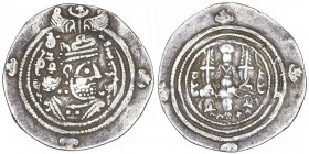 Imperio Sasánida. Año 30 (620 d.C.). Kushru II. ST (Stakhr). Dracma. (Mitchiner A. & C. W. 1113 var). Ex Savoca 15/09/2019, nº 86. 3 g. MBC.