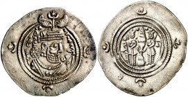 Imperio Sasánida. Año 34 (624 d.C.). Khusru II. GN (Gondishahpuhr). Dracma. (Mitchiner A. & C. W. 1154 var). 4,11 g. EBC-.