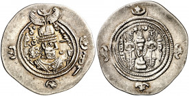 Imperio Sasánida. Año 16 (606 d.C.). Khusru II. NIH (Nehavend). Dracma. (Mitchiner A. & C. W. 1191 var). 4,09 g. MBC+.