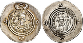 Imperio Sasánida. Año 25 (615 d.C.). Khusru II. IZ (Yazd). Dracma. (Mitchiner A. & C. W. 1194 var). 4,10 g. MBC+.