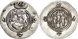 Imperio Sasánida. Año 28 (618 d.C.). Khusru II. IZ (Yazd). Dracma. (Mitchiner A. & C. W. 1194 var). 4,11 g. MBC+.