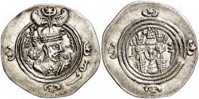 Imperio Sasánida. Año 24 (614 d.C.). Khusru II. AB (Abrashahr). Dracma. (Mitchiner A. & C. W. 1203 var). Variante con alabanza" en margen. 4,13 g. MBC...