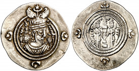 Imperio Sasánida. Año 29 (619 d.C.). Khusru II. AB (Abrashahr). Dracma. (Mitchiner A. & C. W. 1203 var). Pequeña grieta. 4,11 g. MBC+.
