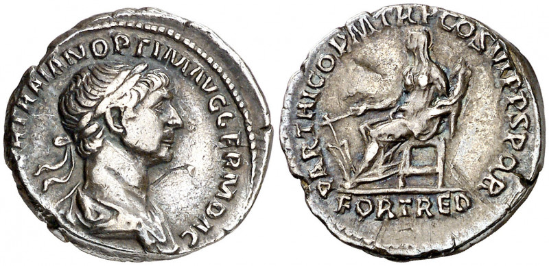 (116 d.C.). Trajano. Denario. (Spink 3139 var) (S. 150a) (RIC. 315). 2,88 g. MBC...
