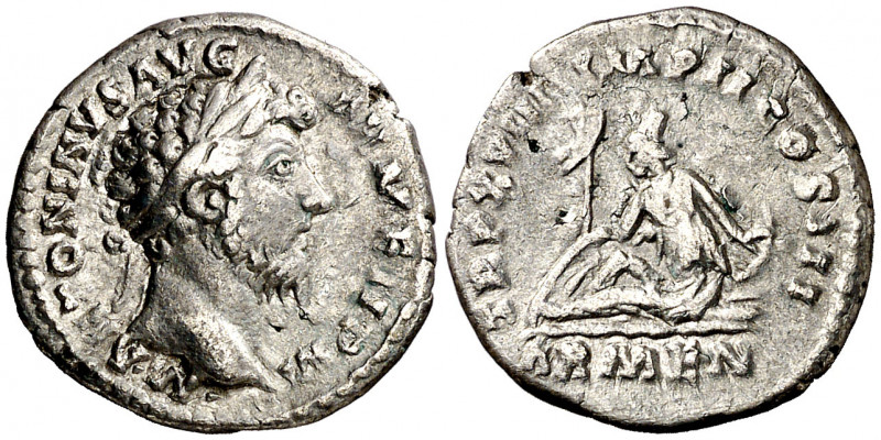 (164 d.C.). Marco Aurelio. Denario. (Spink 4881 var) (S. 6) (RIC. 85). 3,11 g. M...