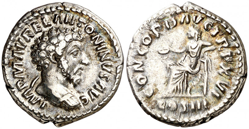 (162 d.C.). Marco Aurelio. Denario. (Spink 4882 var) (S. 35b) (RIC. 36). 3,52 g....