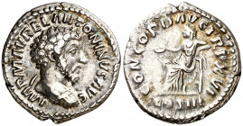 (162 d.C.). Marco Aurelio. Denario. (Spink 4882 var) (S. 35b) (RIC. 36). 3,52 g. MBC.