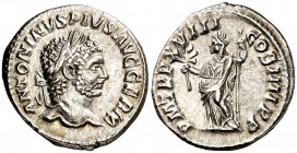 (215 d.C.). Caracalla. Denario. (Spink 6841) (S. 314) (RIC. 268). 3 g. MBC+.