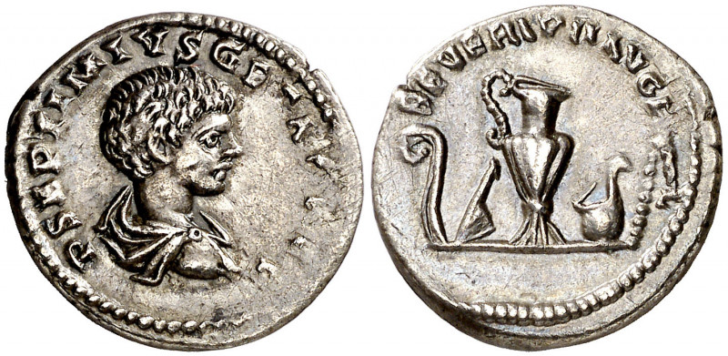 (199-200 d.C.). Geta. Denario. (Spink 7201) (S. 189) (RIC. 107). 3,26 g. MBC+/EB...