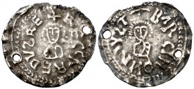 Recaredo I. Barcinona (Barcelona). Triente. (CNV. 60) (R.Pliego 892). Falsificación del s. XVIII-XIX. Dos perforaciones. 0,85 g. (BC+).