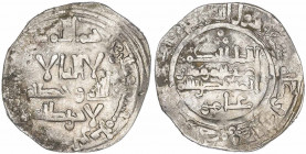 Califato. AH 365. Al-Hakem II. Al Andalus. Dirhem. (V. 496) (Fro. 6). Único año del al-Hakem con esta marca de ceca. 3,13 g. MBC-.