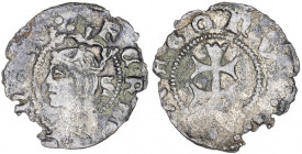 Ferran II (1479-1516). Zaragoza. Dinero jaqués. (Cru.V.S. 1308.3 var) (Cru.C.G. 3209g). Con S detrás del busto. 0,63 g. MBC-.