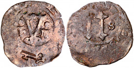 (1564). Felipe II. Jamaica. 2 maravedís. (AC. 24). Resello "llave" (De Mey 830) sobre 4 maravedís de Santo Domingo de Juana y Carlos. 3,59 g. MBC-.