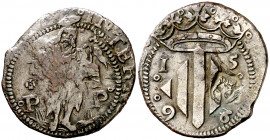 1598. Felipe III. Perpinyà. Doble sou. (AC. 51) (Cru.C.G. 3806a). Contramarca: cabeza de San Juan, realizada en 1603. 2,88 g. MBC+/MBC.