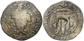 1598. Felipe III. Perpinyà. Doble sou. (AC. 51) (Cru.C.G. 3806a). Contramarca: cabeza de San Juan, realizada en 1603. 2,94 g. MBC.