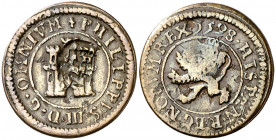 (1603-1606). Felipe III. (AC. 360) (J.S. pág. 208-216). Resello de valor IIII sobre 2 maravedís de Segovia 1598. 3,50 g. MBC-.