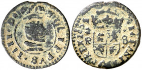 1661. Felipe IV. Sevilla. R. 8 maravedís. (AC. 405). Las A de HISPANIARVM son V invertidas. Escasa. 1,77 g. MBC-.
