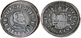 1661. Felipe IV. Segovia. BR. 16 maravedís. (AC. 487). El 6 del valor tumbado. 3,58 g. MBC-.