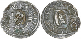 1652. Felipe IV. (AC. 519) (J.S. pág. 304-321). Resello con valor 8 sobre 8 maravedís de Segovia 160(5 ó 6), con resellos anteriores de valor XII y 16...