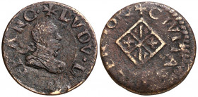 162 (sic). Guerra dels Segadors. Vic. 1 diner. (AC. 250) (Cru.C.G. 4678c). Busto de Felipe III. A nombre Lluís XIII. El 4 de la fecha girado. Escasa. ...