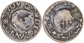 1709. Carlos III, Pretendiente. Barcelona. 1 ardit. (AC. 5) (Cru.C.G. 5006a). 1,24 g. MBC+.