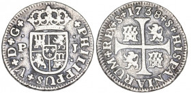 1738. Felipe V. Sevilla. PJ. 1/2 real. (AC. 345). Rayitas. 1,32 g. BC+.