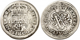1707. Felipe V. Segovia. Y. 1 real. (AC. 621). El 0 de la fecha pequeño. 2,53 g. BC+/MBC-.