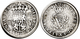 1708. Felipe V. Segovia. Y. 2 reales. (AC. 940). Palma derecha sobre izquierda. Escasa. 5,15 g. BC/MBC-.