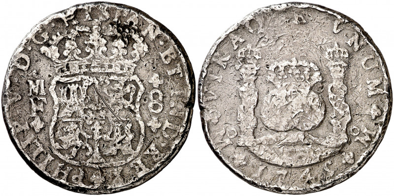 1745. Felipe V. México. MF. 8 reales. (AC. 1468). Columnario. Golpes y rayas. 24...