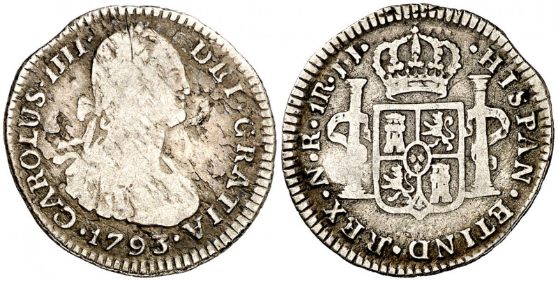 1793. Carlos IV. Santa Fe de Nuevo Reino. JJ. 1 real. (AC. 488) (Restrepo 78-8)....