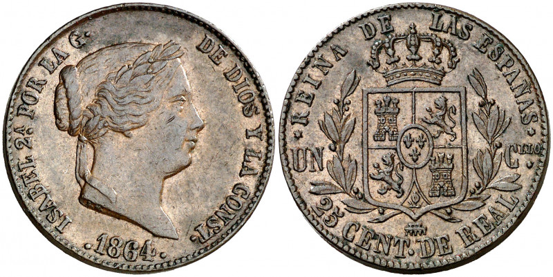 1864. Isabel II. Segovia. 25 céntimos de real. (AC. 197). 10 g. EBC-.