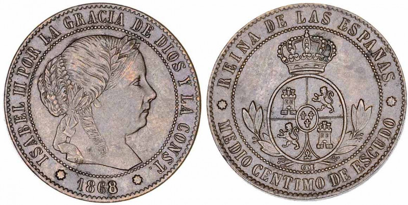 1868. Isabel II. Barcelona. OM. 1/2 céntimo de escudo. (AC. 201). Bella. 1,27 g....