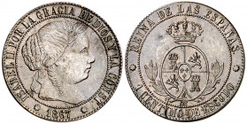 1867. Isabel II. Barcelona. OM. 1 céntimo de escudo. (AC. 215). Atractiva. 2,26 g. EBC-.