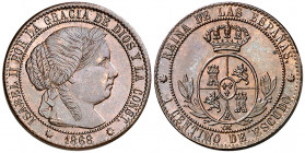 1868. Isabel II. Barcelona. OM. 1 céntimo de escudo. (AC. 216). Bella. 2,53 g. EBC-/EBC.