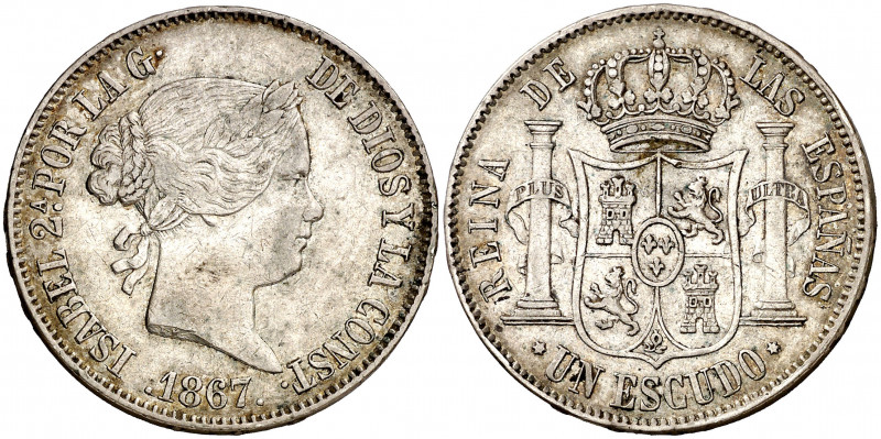 1867. Isabel II. Madrid. 1 escudo. (AC. 565). 12,86 g. MBC+.