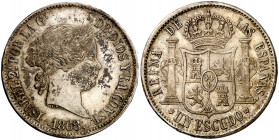 1868. Isabel II. Madrid. 1 escudo. (Barrera 834). Falsa de época en plata. 12,28 g. MBC+.