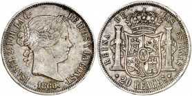 1860. Isabel II. Madrid. 20 reales. (AC. 617). Golpecitos. 25,80 g. BC+/MBC-.