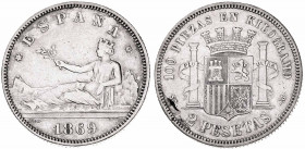 1869*1869. Gobierno Provisional. SNM. 2 pesetas. (AC. 22). 9,91 g. BC+.