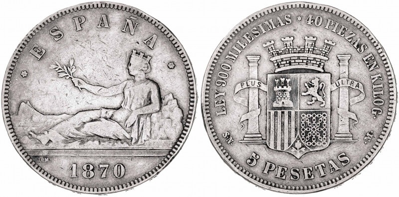 1870*1870. Gobierno Provisional. SNM. 5 pesetas. (AC. 39). Golpecitos. 24,84 g. ...