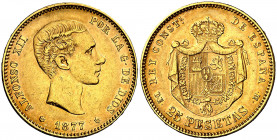 1877*1877. Alfonso XII. DEM. 25 pesetas. (AC. 68). Leves rayitas. 8,04 g. EBC-.