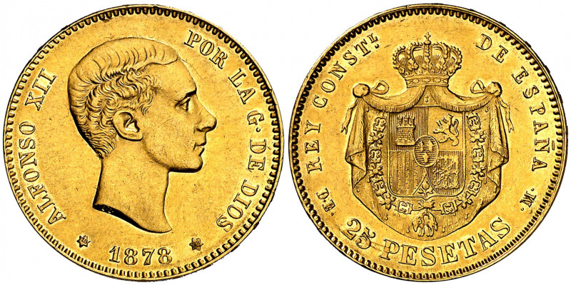 1878*1878. Alfonso XII. DEM. 25 pesetas. (AC. 70). Defecto de acuñación en rever...